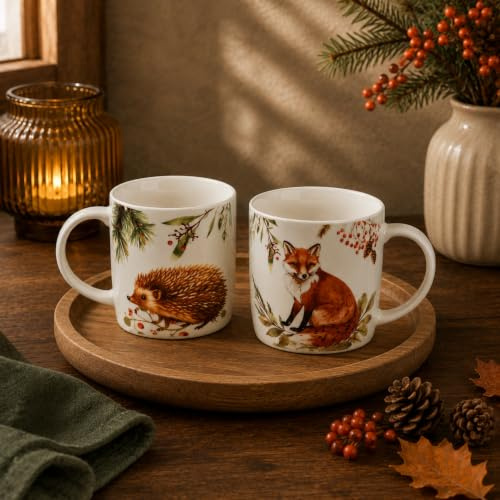 Tasses d'automne, renard et hérisson, 350 ml, en porcelaine, passe au lave-vaisselle et au micro-ondes
