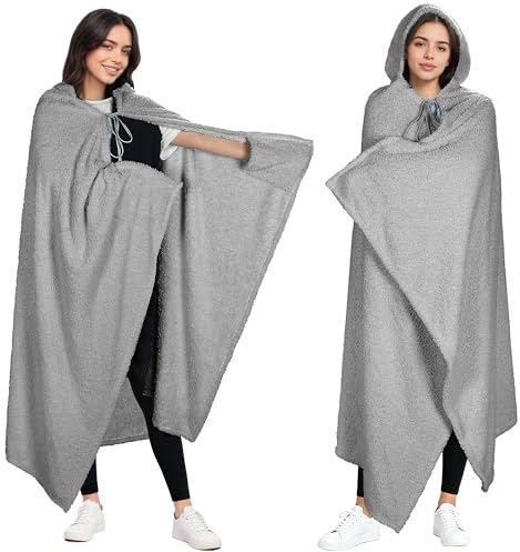 Catalonia Classy Flauschig Kuscheldecke mit Ärmeln - Warme Geschenke für Frauen Herren, Kuschelige Sherpa Tragbare Poncho Decke mit Kapuze, Decke Zum Anziehen für Erwachsene, 190x120cm, Grau