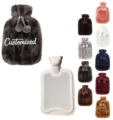 Personalisierte Wärmflasche, 2L Gummiflasche mit Flauschigem Kunstfell-Bezug, Individuell Bestickt, für Nacken, Schulter, Rücken, Hände, Beine, Personalisiertes Geschenk (Gray)