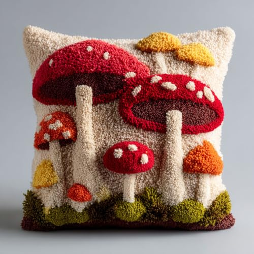 Henypt Kit de Crochet de Verrouillage Coussin Motif de champignon DIY Broderie Kit Tapis Point Noué à Faire pour Débutants, Latch Hook Canevas Coussin Point 43x43cm