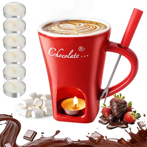 Chocolate Fondue Mug,Ceramic Chocolate Fondue Mug with Forks and 6Pcs Candles,Chocolates Butter Cheese Melt Fondue Mug,Chocolates Melting Cup Set,Chocolate Cheese Fondue Set for Candy Snack Party