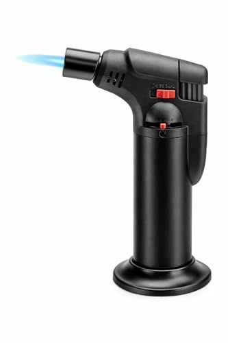 Soplete Encendedor de Gas Profesional con Llama Azul Ajustable, Encendido Piezoeléctrico, Recargable, Base Estable, Seguro de Bloqueo, Negro, Ideal para Cocina y Repostería