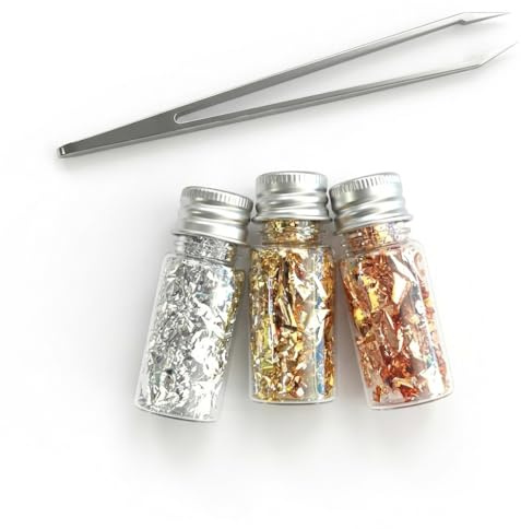 3 Flaschen Blattgold Flocken Set Mit Pinzette, Gold Silber Roségold, Hochwertiges Premium Blattgold Zum Basteln, Nagelkunst, Malerei & Harz.