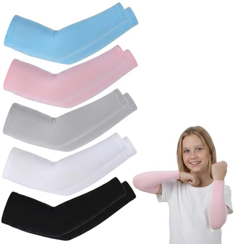 Abeillo 5 Pairs Arm Sleeves for Kids, UV Sun Protection Sleeves Cooling Compression Arm Sleeve for Volleyball Basketball Baseball Youth Boy Girl Sports