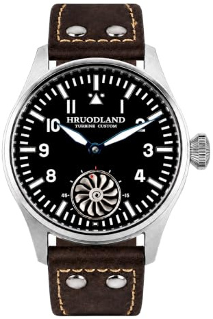 HRUODLAND klockor män automatisk med 3D-turbin, safirglas, BGW-9 superlysrör & läderarmband – retro flygarklockor, skräddarsydda alternativ, svart