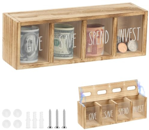 Spardose Holz 4 Fächer Kinder Geldbox zum Geben Sparen Ausgeben Investieren | Spardose mit Transparente Acrylplatte, 4 Fächer für Finanzbildung, Wandmontage oder Schreibtisch, für Kinder und Erwachsene