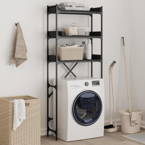 Mangloder - Estantería para lavadora (madera, metal, 67 x 25 x 163 cm, 3 estantes, capacidad de almacenamiento sobre lavadora o aseo, para baño y lavadero, soporta hasta 20 kg por estante, color negro