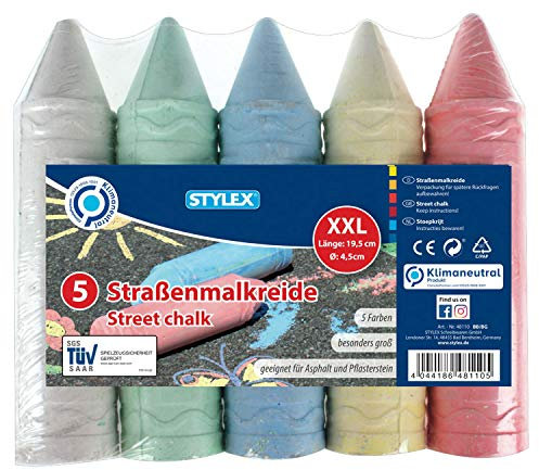 Stylex 48110 - Straßenkreide XXL, extra große Straßenmalkreide für Kinder, 5 Stangen, farbig sortiert, zum Bemalen von Asphalt und Pflasterflächen