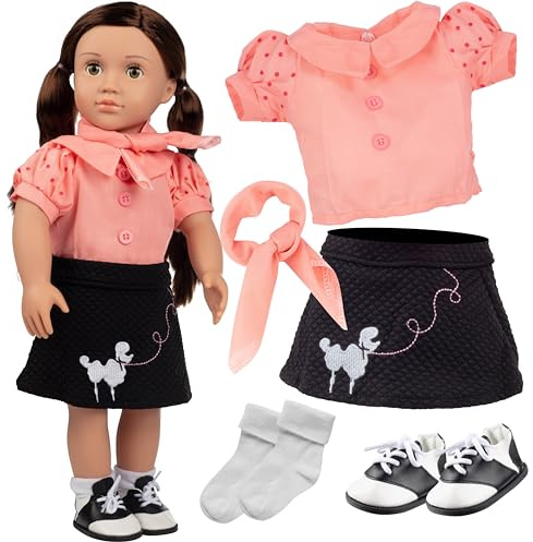 Dress Along Dolly Outfit Jupe Caniche pour American Girl poupées (5pcs Comprend Le Foulard, Chemise, Jupe, Chaussettes, Chaussures de Selle)