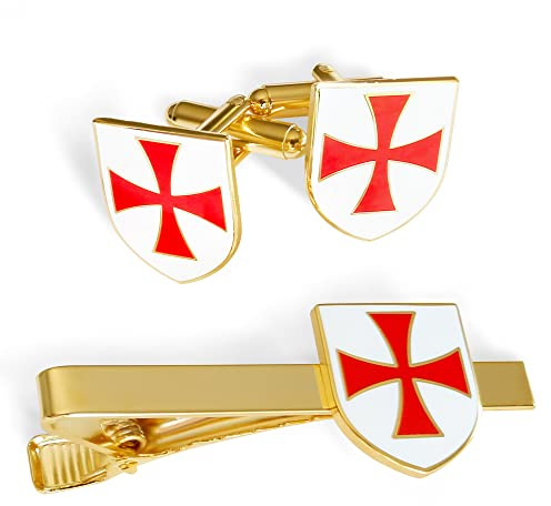 THE MASONIC COLLECTION – Ensemble de boutons de manchette et pince à cravate Templiers en or – avec pochette en velours ou boîte à boutons de manchette – Un cadeau maçonnique idéal pour homme