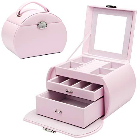 Yorbay Portagioie 4 livelli, con serratura e specchio, portagioie serie Seelux per collane, orologi, anelli, bracciali, orecchini (Rosa)
