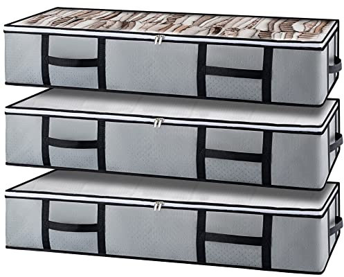 GoMaihe 3 Stück Unterbettkommode, Unterbett Aufbewahrungsbox mit deckel 90L, Aufbewahrungstasche mit Langlebige Reißverschluss und Griff, für Bettdecken Kleidung Aufbewahrung Kleideraufbewahrung Grau