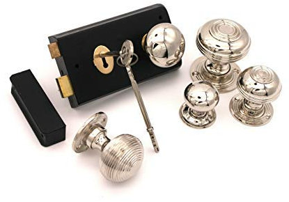 Infinity Decor Old Victorian Style Black Door Rim Lock + Polished Nickel Door Knob Set (N) (Bloxwich Small)