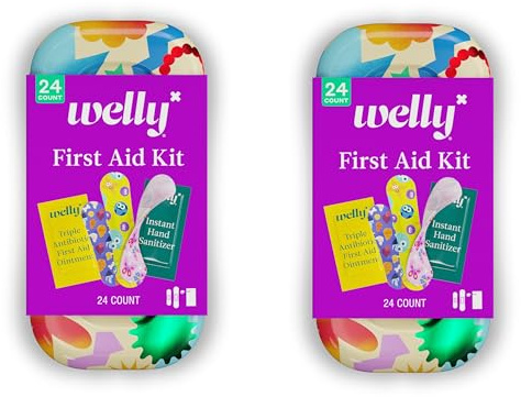 Welly Quick Fix, On The Go First Aid Kit, Assorted Bandages, Ointments, and Hand Sanitizer, Three Color Bandages - 2 Pack