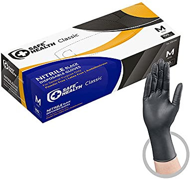 Safe Health Nitrile Disposable Gloves Medium Latex Free Powder Free, Textured, 3.5 mil, Multi-Purpose Food Safe, Industrial, Tattoo, Salon, Hair, Auto, Car, Cleaning, Pet, Cooking M Black (Box of 100)