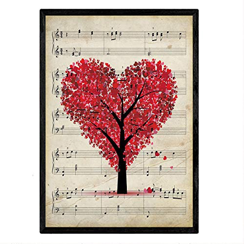 Poster Baum Herz, Vintage-Notenblätter, Illustration auf alten Notenblättern, perfekt für Musikliebhaber, Größe A3, mit Rahmen