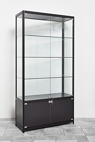 Glasvitrine + Unterschrank, schwarze Alu-Profile, inkl. LED-Beleuchtung B100xH198xT40cm | Verkaufsvitrine ESG-Sicherheitsglas abschließbar | Showroom-Vitrine 4 Ebenen Geschäftsvitrine Schmuckvitrine