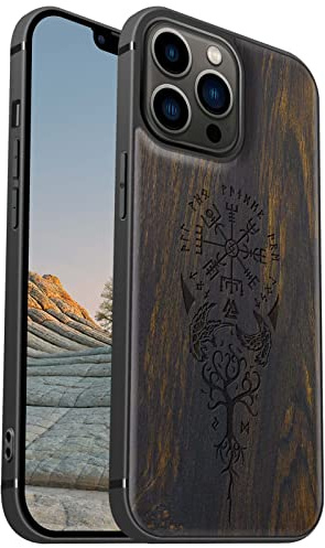 Carveit Magnetisch Hülle für iPhone 13 Pro Max Case [Elegante Schwarzholz] [Weich TPU Stoßstange] Stoßfeste Handyhülle Kompatibel mit 13ProMax Magsafe Hülle Holz （Wikingerkompass Vegvisir）