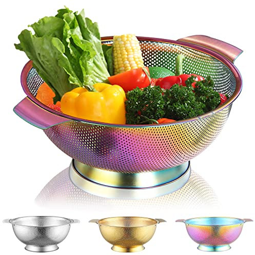 Kyraton Rainbow Colander 28.5cm, Professional Titanium Colorful Plating Stainless Steel Strainer with Heavy Duty Handles and Self Draining Solid Ring Base, Easy Clean and Dishwasher Safe