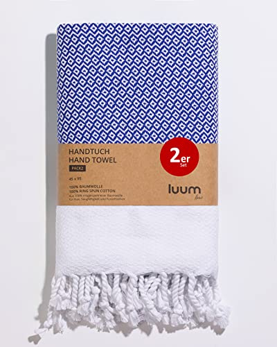 Luum® 2er Hamam Handtücher Set, Sport Handtuch Set, Turkish Towel Set, Haar Handtuch Set, 100% ringgesponnene Baumwolle, schnelltrocknend, fusselfrei, Royal Blau, 45x95, Geschenkset