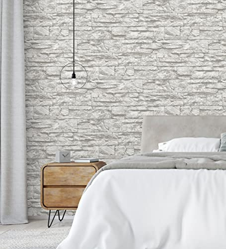 GAULAN 453147 - Papel pintado vinílico lavable piedra pizarra blanca con textura relieve 3D para pared salón cocina baño comedor - Rollo de 10 m x 0,53 m