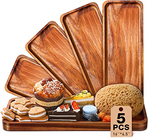 5 Pack Solid Acacia Wood Serving Trays, Rectangular Wooden Serving Board for Food Appetizer Serving Tray Plates for Vegetables Fruit Charcuterie Cheese Platters Home Kitchen Decor (16 x 6.5 Inch)