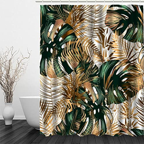 OENISE Anti-Schimmel Duschvorhang 180x180 Tropische Blätter Wasserdicht Polyester Stoff Shower Curtains mit 12 Duschvorhangringen für Dusche Badewanne Duschvorhänge Gold Grün Badezimmer Badvorhang