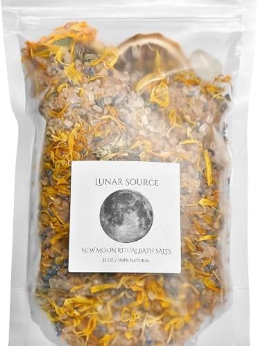 New Moon Ritual 12 oz Bath Salts | New Beginnings Spiritual Witchy Energy Clearing Cleansing Herbal Clear Quartz Crystal Bath Soak | Selene Artemis Luna Goddess