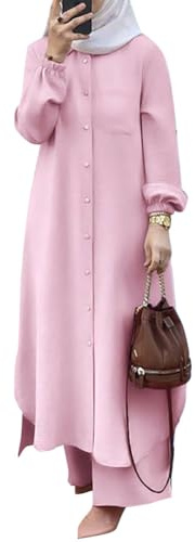 OBEEII Muslimische Kleider für Damen 2 Teiler Corban Ramadan Outfit Langarm Oberteile Robe Und Hosen Dubai Türkisches Naher Osten Arabisch Islamische Kleidung Rosa02 XXL