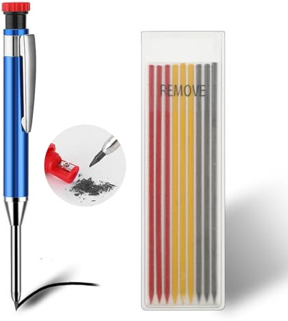 Amabro Mechanische Zimmermannsbleistifte mit integriertem Spitzer, solide Holzbearbeitungsstifte mit 9 Ersatzminen Tieflochmarkierungswerkzeuge robuste Reißnadel (Blau)