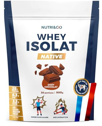 NUTRI&CO Whey Isolate Native | Jusqu’à 94% de Protéines | 900gr Chocolat | Low Lactose Digestion Facile | Pur Lait Français | Riche en BCAA | Prise de Masse & Musculation