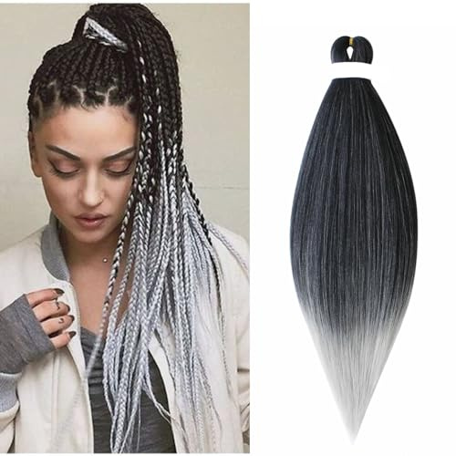 Gairyan Rajout Cheveux Tresse Pré-étiré Tressage Cheveux Texture Yaki Easy Braids Extensions de Cheveux Tressés 1 Paquet Synthétiques Ombre Meches de Cheveux pour Tresses Africaine (Noir&Gris)