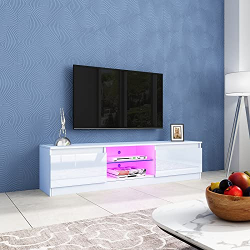Senvoziii White High Gloss TV Unit with 2 Doors 2 Glass Shelves, Led Light TV Stand Storage Cabinet, 160cm Modern Sideboard for Living Room Home