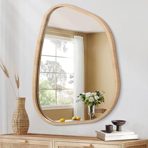 HLFMVWE Asymmetrischer Spiegel Unregelmäßiger ovaler Wandspiegel Moderner Holzrahmen Eitelkeits-künstlerischer Spiegel Dekorativ für Wohnzimmer Schlafzimmer Badezimmer Klein 65 x 45CM