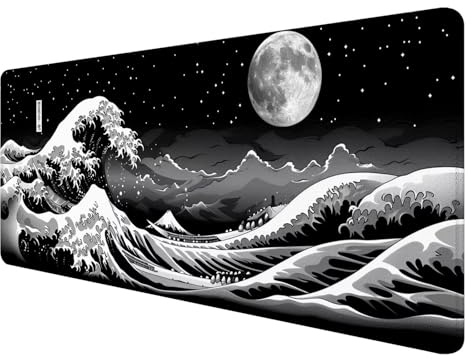 Gaming Mauspad XXL 900 x 400 mm, Schwarz Weiß Mauspad Groß mit Vernähten Kanten, Gaming Mousepad Wellen mit Verbessert Präzision und Geschwindigkeit, Mousepad XXL Wasserdicht für Büro, Zimmer Deko O-3