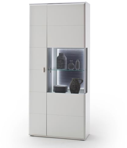 Lomadox Vitrinenschrank Schrank Vitrine Wohnzimmerschrank Esszimmer weiß matt 90 cm montierte Lieferung mit Beleuchtung