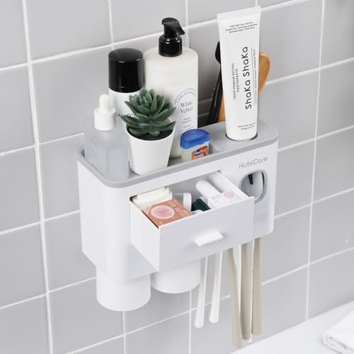 HubiCare Zahnbürstenhalter mit Zahnpastaspender zur Wandmontage für Badezimmer, automatischer Zahnpastaquetscher, 5 Zahnbürstenfächer, 1 Kosmetikschublade (2 Tassen, Halter)