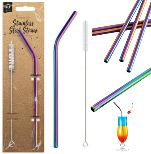 Citystores® 2 Pack Iridescent Rainbow Metal Straw with Brush Premium Stainless Steel Reusable Drinking Straw & Cleaning Tool Eco-Friendly Durable Long Straw with Travel Cleaner