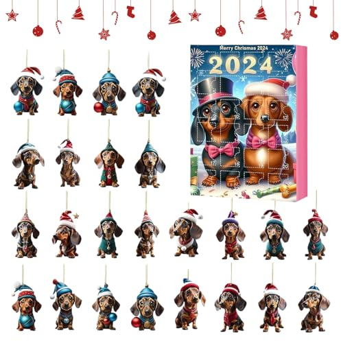 Ellxen Esclusivo calendario dell'Avvento natalizio 2024, generico, calendario dell'Avvento con 24 incantevoli ciondoli a bassotto, ornamenti per decorazioni festive