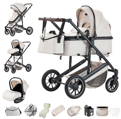 Zkiprm 3-in-1-Kinderwagen, Reisesystem mit Autositz, Combi-Typ Kinderwagen, verstellbare Armlehnen, Regenschutz, Moskitonetz, Gestell aus Aluminium, Kinderwagen mit hohem Profil, für 0-4 Jahre