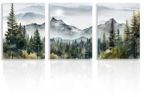 Dazzlewall 3 PCS Bergwald Wandbilder Aquarell Wald Malerei, Moderne Natur Landschaft Leinwand Bilder für Büro Schlafzimmer Wohnzimmer Deko 12x16 in Ungerahmt