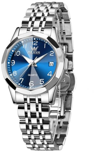 OLEVS Damklockor rostfritt stål band modern klocka damer analog kvarts arabiska siffror lätt att läsa armbandsur damer lysande vattentät med liten urtavla datum, 9970 blå urtavla/silver armband