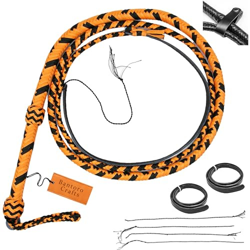 Bantoro Crafts Noir et Orange Fouet en Paracorde/Nylon, 16 brins de Tresses, Ventre en Cuir tressé et traversin en Cuir à l'intérieur du Fouet à craquement Fort