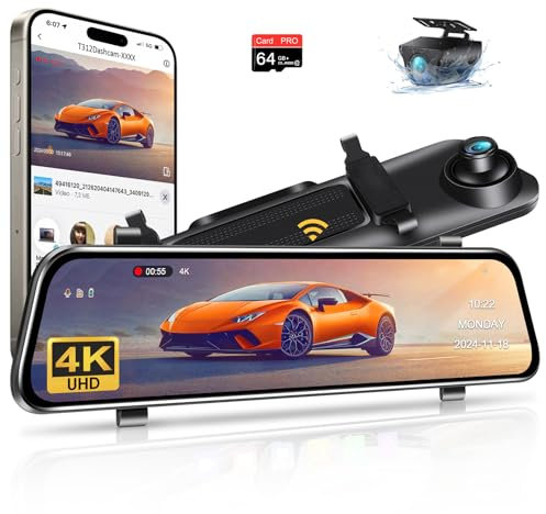Vtopek 12 inch 4K Mirror Dash cam Front and Rear View Mirror Camera WiFi 2160P Car Rearview Mirror Dashcam Dash Camera with Waterproof Reversing Camera WDR Night Vision Parking Assistance 64GB Card