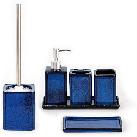 Home Harbour Zen Essence Collection | 6-Piece Blue Bathroom Accessories Set | Soap Dispenser, Toothbrush Holder, Tumbler, Vanity Tray, Multipurpose Holder & Toilet Brush Holder Ceramic (Set of 6 Blue)