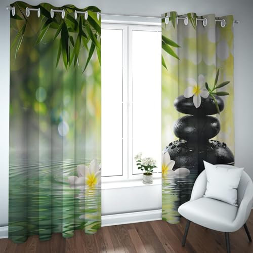Deertweet Home Grüne Blätter Verdunkelungsvorhänge Schwarze Zen-Stein-Fenstervorhänge für Wohnzimmer Schlafzimmer Weiße Blumen Wärmeisolierter Vorhang 2 Paneele H114xB96