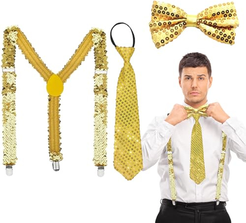 XNIVUIS Bretelle con Paillettes Set Men's Sequin Suspenders, Adjustable Y Sequin Suspender Clip Cravatta Paillettes Uomo Bretelle Glitter Papillon per Festa a Tema (Oro)
