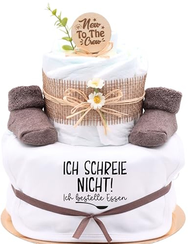 Trend Mama® | Windeltorte | Nature Design | Spruch wählbar| 27 Windeln (Größe 2) 1x Baby Lätzchen, Kuschelsocken |Geschenk Geburt (Design| Ich schreie nicht,ich bestelle Essen)