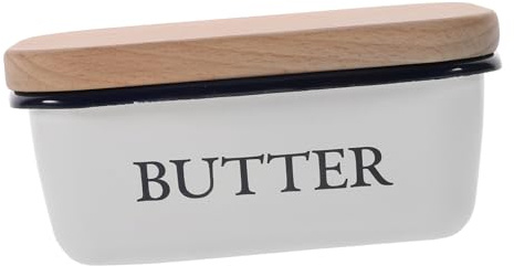 Alipis Butterdose mit Emailliertem Material und Holzdeckel Käsedose mit Deckel Butteraufbewahrungsbehälter für Kühlschrankgebrauch Robust und Langlebig