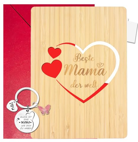 LOOBEAR Geschenk für Mama,Muttertag Karte aus Holz, Geldumschlag zum Muttertag, Geldgeschenk Karten Set mit Umschlag und Herz-Schlüsselanhänger Kreative GrußKarte, Geburtstagskarte für Mama